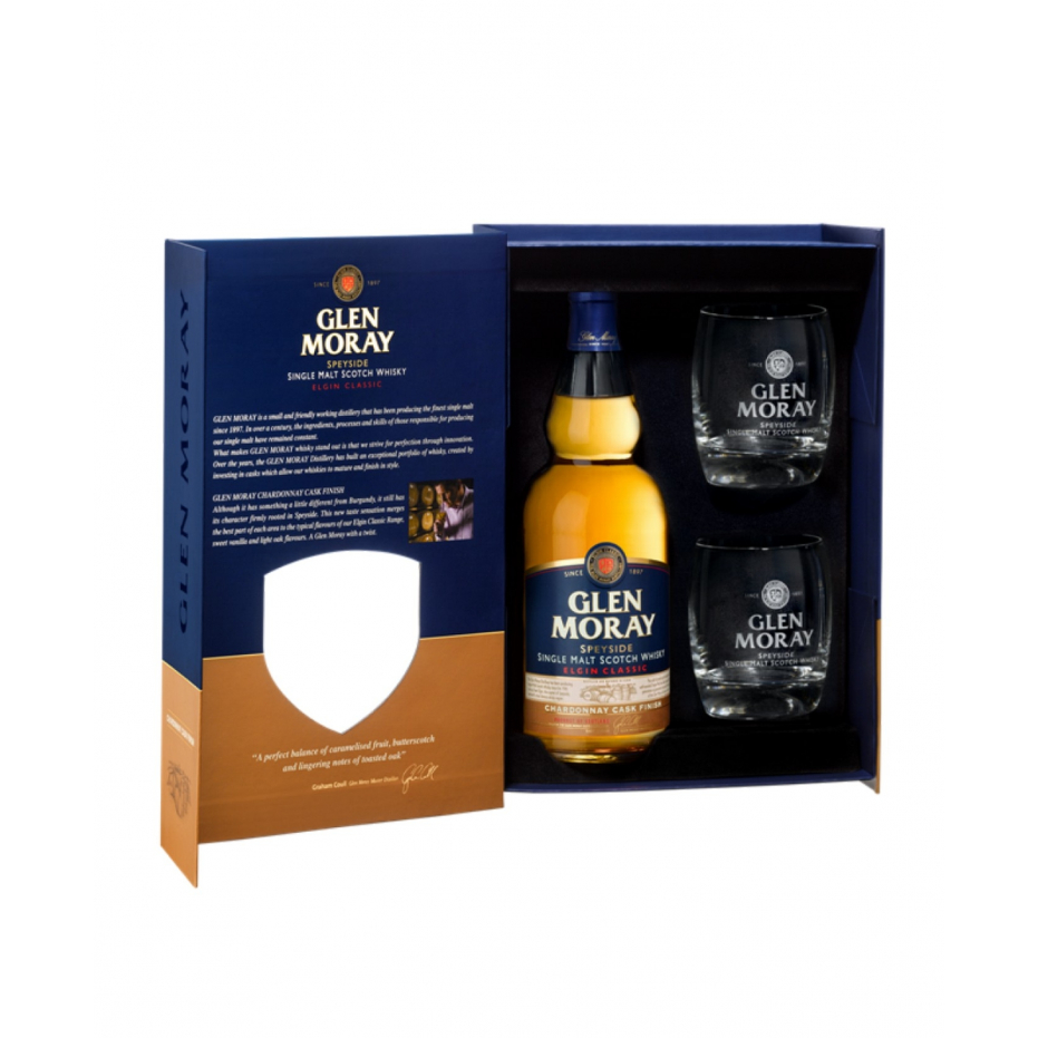 GLEN MORAY Chardonnay Cask Finish Single Malt Whisky coffret 2 verres GLEN MORAY Chardonnay Cask Finish Single Malt Whisky coffret 2 verres